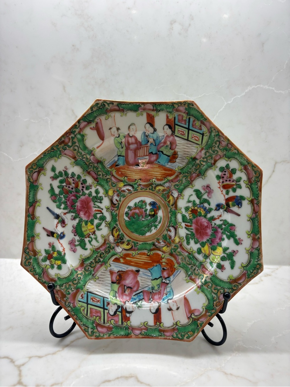 Hand-Painted Octagonal Floral and Figural Decorative Plate - Pink & Green